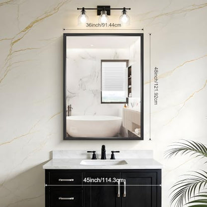 Black Rectangle Mirror, 48 x 36 Inch Large Bathroom Mirrors for Over Sink, 0.6" Thickened Deep Frame Rectangular Wall Mirror, Brushed, Tempered Glass, Antirust, Horizontally/Vertically