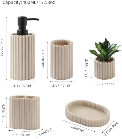 Bathroom Accessories Set,Sandstone Look Beige, Thick Stripe, 5 PCS