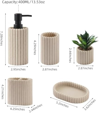 Bathroom Accessories Set,Sandstone Look Beige, Thick Stripe, 5 PCS