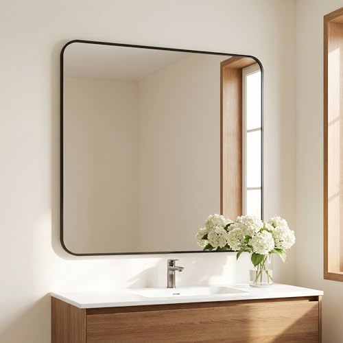 BEAUTYPEAK 39" x 39" Rectangular Wall Mounted Bathroom Mirror, Black