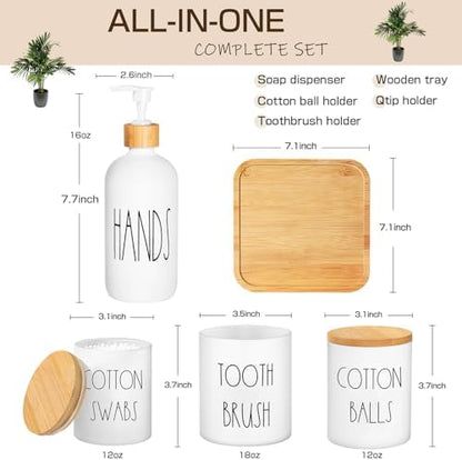 White Bathroom Accessories, 5 Pcs Glass Bathroom Accessory Set with Bamboo Tray, Soap Dispenser and Toothbrush Holder Set, Qtip and Cotton Ball Holder, Farmhouse Boho Bathroom Set Complete