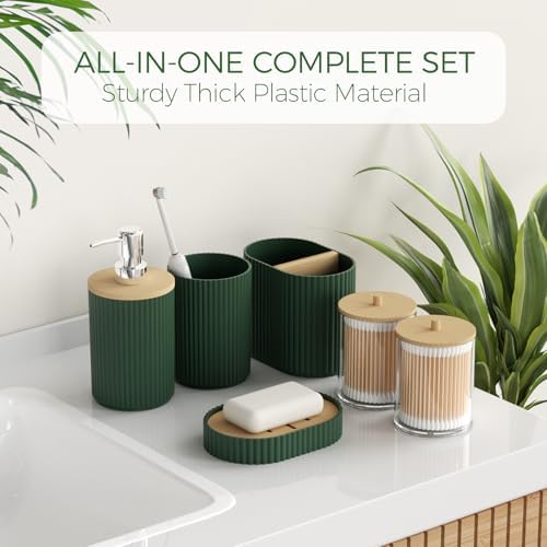 Green Bathroom Accessories Set - Bathroom Set with Shower Curtain and Rugs, Trash Can, Toilet Brush with Holder, Soap Dispenser, Toothbrush and Toothpaste Holder, Cup, Soap Dish, Qtip Holders, Hooks