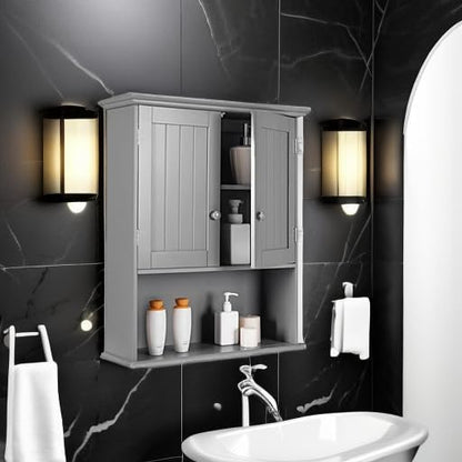 Tangkula Wall Mount Bathroom Cabinet Wooden Medicine Cabinet Storage Organizer with 2-Doors and 1-Shelf Cottage Collection Wall Cabinet (Grey)