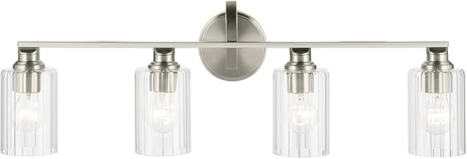 Kichler Gioe 32.25" 4-Light Vanity Light with Clear Fluted Glass in Brushed Nickel, Damp Rated, for Bathroom, Powder Room, Over a Mirror, (32.25" W x 10.5" H), 55227NIFLU