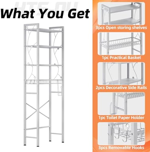 Over-The-Toilet Storage Rack, 4-Tier Bathroom Organizer Shelf Over Toilet with Adjustable Shelf and Basket, Freestanding Space Saver Bathroom Shelves Above Toilet for Room (Pure White)