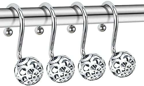 Chictie Silver Shower Curtain Hooks - Oil Rubbed Chrome Decorative Shower Curtain Rings,Set of 12 Bling Metal Rustproof Shower Hangers for Bathroom Curtains Rods Hollow Ball Design