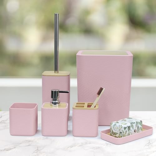 CERBIOR Bamboo Bathroom Accessories Set 6 Piece Bath Ensemble（Pink）