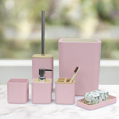 CERBIOR Bamboo Bathroom Accessories Set 6 Piece Bath Ensemble（Pink）
