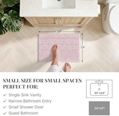 Bcoimo Small Bath Rug Mat,24x17 Chenille Non Slip Pink Bathroom Shower Mat