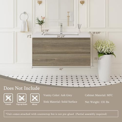 KEIKI 42'' Wall-Mounted Bathroom Vanity with Sink - Floating Design, 2 Soft-Close Drawers & Resin Basin, Space-Saving for Small Bathrooms, Ash Grey