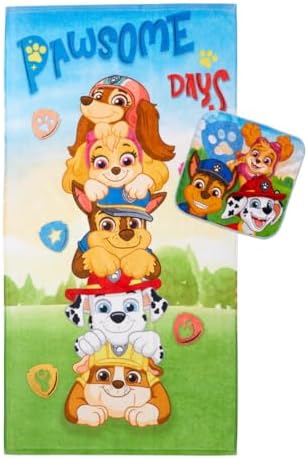 Paw Patrol Kids Bath/Pool/Beach Soft Absorbent Cotton Terry Towel with Washcloth 2 Piece Set, 50 in x 25 in, (Officially Licensed Product) by Franco