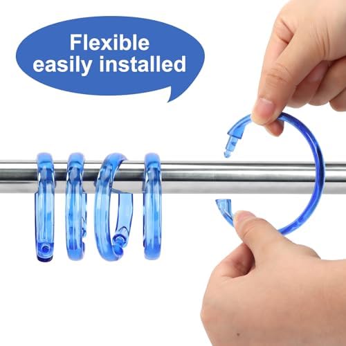 Blue Shower Curtain Hooks - 12 Pcs Circular Plastic Shower Curtain Rings for Bathroom - O Shaped Transparent Blue Shower Hooks Rings for Shower Curtain Rod