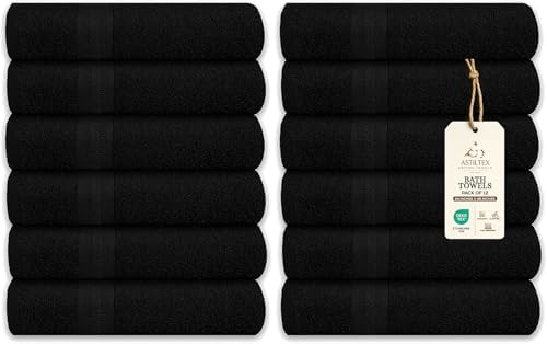 Bath Towels Bulk Set of 12 – 24" x 48" – 100% Cotton Terry, Soft, Quick-Dry & Highly Absorbent – Black Towels for Bathroom, Spa, Gym, Hotel, Pool & Everyday Use