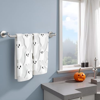 2 Pack Halloween Hand Towels 100% Cotton Jacquard Ghost Halloween Kitchen Towels White Bathroom Towels Set Seasonal Bathroom Decor (White Ghost, Halloween)