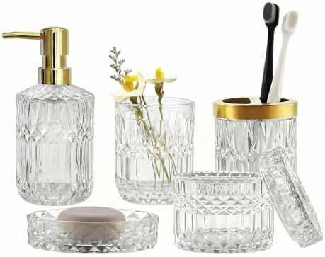 LaMarriti Clear Bathroom Accessories Set, 5pcs Crystal Glass Bathroom Set