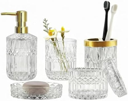 LaMarriti Clear Bathroom Accessories Set, 5pcs Crystal Glass Bathroom Set