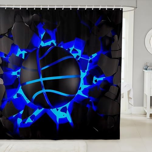 jejeloiu Basketball Bath Curtain Boys Girls 72"x72" Gaming Sports Shower Curtain for Kids Women Men Waterproof Blue Ombre Bathroom Shower Curtain Set Gift for Basketball Lover