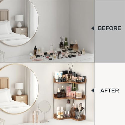 3-Tier Bathroom Counter Organizer, Wooden Corner Shelf for Vanity Countertop Skincare & Makeup, Storage and Organization for Kitchen
