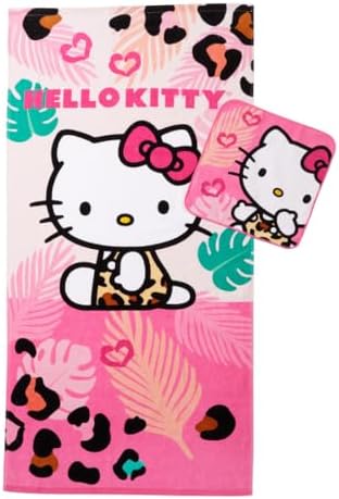 Franco Hello Kitty Kids Bath/Pool/Beach Soft Absorbent Cotton Terry Towel with Washcloth 2 Piece Set, 50 in x 25 in, (Officially Licensed Product)