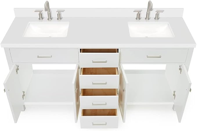 DKB Alenza 72 Inch Bathroom Vanity Double Sink — White Bathroom Vanity with Sink, 1.5" Edge Pure White Quartz Countertop & Backsplash, 4 Soft-Close Doors, 4 Dovetail Drawers