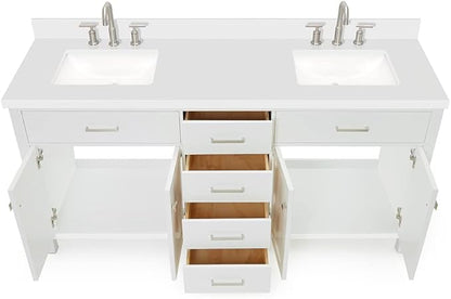 DKB Alenza 72 Inch Bathroom Vanity Double Sink — White Bathroom Vanity with Sink, 1.5" Edge Pure White Quartz Countertop & Backsplash, 4 Soft-Close Doors, 4 Dovetail Drawers