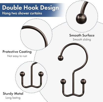 Bathway Shower Curtain Hooks Bronze Shower Curtain Rings, 12 Pcs Double Hook Shower Curtain Hooks Rings Shower Curtain Hangers Rust Proof, Metal Shower Hooks for Bathroom Shower Curtain Rod