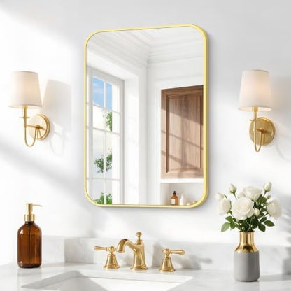 BONEWEI Gold Bathroom Mirror,18x24 inch Wall Mirror for Bathroom Wall Mounted,Round Rectangle Mirror for Bathroom Over Sink,Modern Frame for Home Decor Living Room,Bedroom Entryway,Horizontal/Vertical