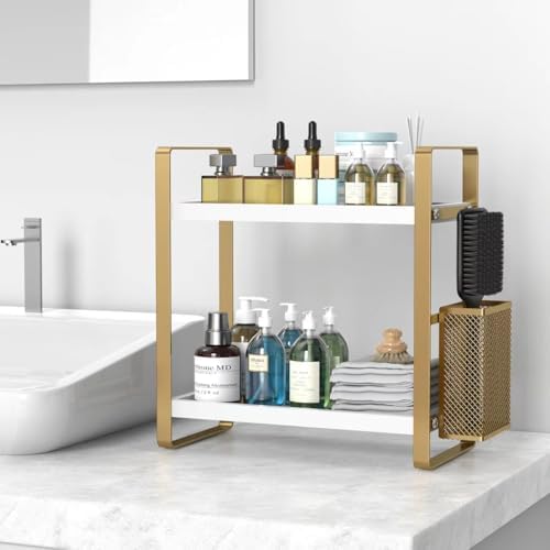 LEMIKKLE Bathroom Counter Organizer with Basket, Perfume,Makeup Organizers for Vanity,Storage Organizers for Bathroom, Kitchen, Dresser（White）