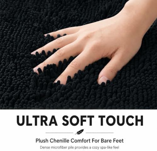 Bathroom Rugs Sets 2 Piece,Super Absorbent Soft,Thick,Machine Washable Chenille Bath Mat,Non Slip Toilet Floor Rug,Bath Mats for Bathroom,20x32 Plus 20x20 U Shape,Black