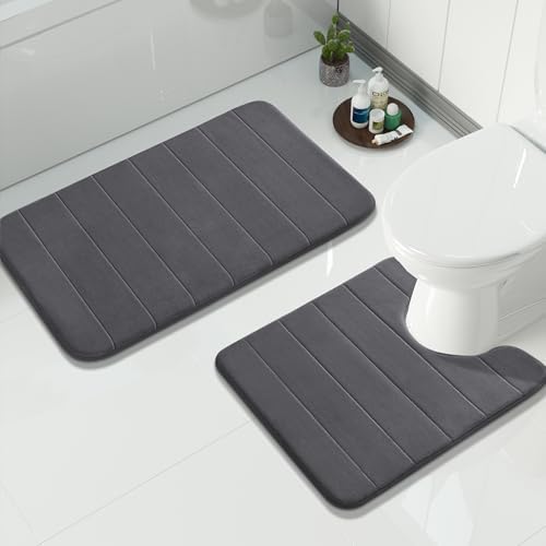 Yimobra Memory Foam Bathroom Mat Set, 31.5 x 20 & 24 x 20 in, Dark Gray