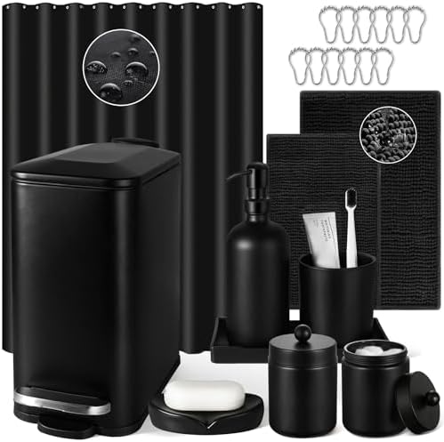 Bathroom Sets with Shower Curtain and Rugs, 22 Pcs Black Bathroom Accessories with Trash Can, Waterproof Shower Curtain, Bathroom Rugs Super Absorbent, Modern Bathroom Sets Complete Decor
