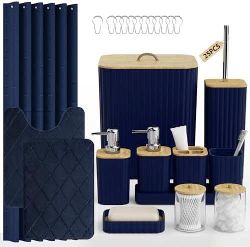 Bathroom Accessory Set - 25PC Bathroom Sets with Shower Curtain and Rugs, Navy Blue Bathroom Set, Bathroom Accessories Set, Shower Curtain Sets with Rugs, Bathroom Trash Can & Soap Dispenser
