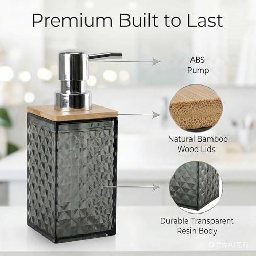Grey Bathroom Accessory Set, 6 PCS Grey Bathroom Accessories Set, Soap Dispenser, Toothbrush Holder, Soap Dish, Mouthwash Cup, Cotton Swab Holder and Toilet Brush, Acrylic