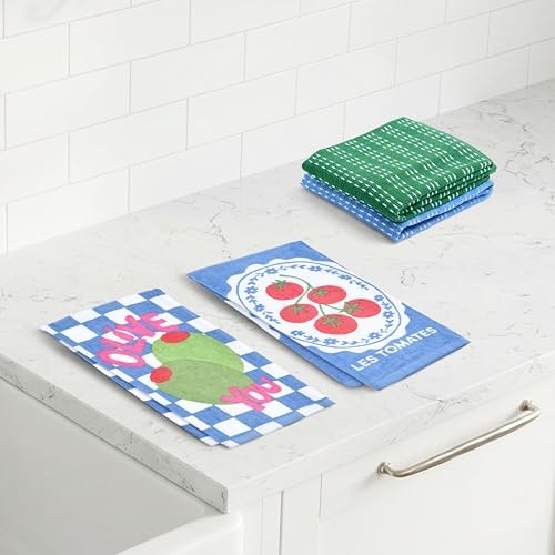 Ritz 4-Piece Kitchen Towel Set, Tomato & Olive Prints with Pine Green & Blue Textured Terry, 100% Cotton & Absorbent Blend, 16" x 26", Vintage Mediterranean Foodie Kitchen Decor