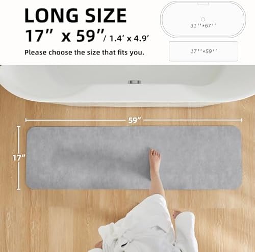 TYUU Thin Bath Mat Runner, Bathroom Rugs Non Slip Washable 17x59 Light Grey