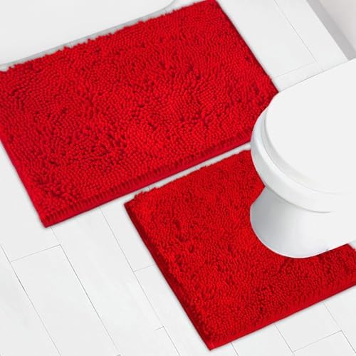 Bathroom Rugs Chenille Bath mat 2 Piece Set, Super Absorbent, Strong PVC Non Slip Backing, Bath mats for Bathroom, Plush Shaggy, Thick, Machine Washable, Bathtub, Toilet.(Red)