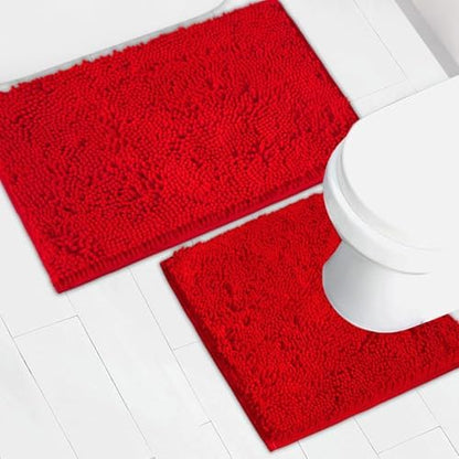 Bathroom Rugs Chenille Bath mat 2 Piece Set, Super Absorbent, Strong PVC Non Slip Backing, Bath mats for Bathroom, Plush Shaggy, Thick, Machine Washable, Bathtub, Toilet.(Red)