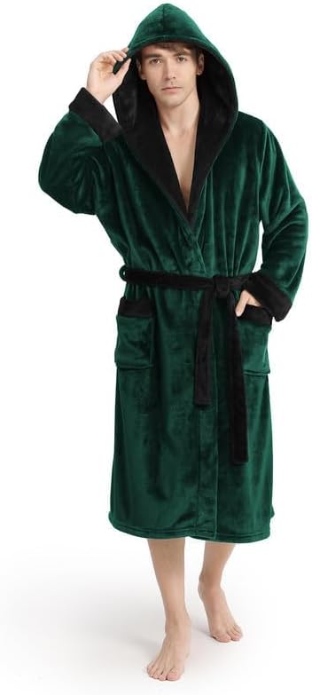 Yurhap Luxury Mens Robe with Hood, Ultra Cozy Fleece Bathrobe for Men, Plush Hooded Robe with Belt & 2 Pockets