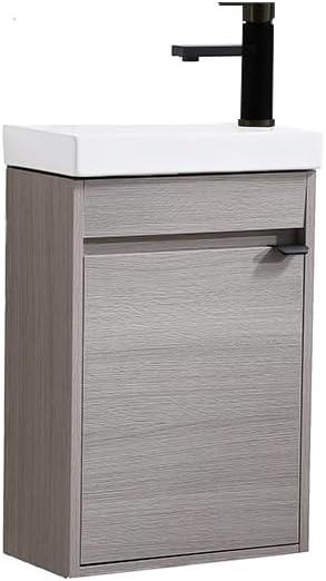 16 Inch Bathroom Vanity with Sink Combo, Wall Mounted Cabinet Set with 1 Door and White Ceramic Basin Sink Top, Forest Oak Floating Bathroom Vanity for Small Space