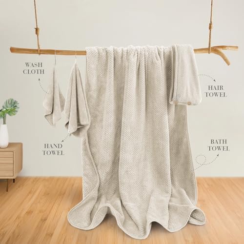 35X70 Inches Extra Large Bath Towels Sets of 4-Piece Bathroom Towel Set(1 Bath Towel, 1 Hair Towel, 1 Hand Towel, 1 Washcloth) Microfiber Shower Towels for Women Daily Use (Khaki, 4 Piece)