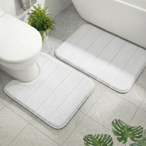 2 Piece Memory Foam Bath Mat Set, Extra Soft Absorbent Bathroom Rugs with U-Shaped Toilet Rug, Non-Slip Backing, Machine Washable, 24x16 + 20x20 U-Shaped, White
