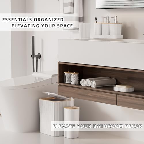 XLHOMO Bathroom Accessories Set - Elegant White Bathroom Set, 10PC Bathroom Accessory Set, Toilet Brush, Trash Can, Qtip Holder Dispenser & Soap Dispenser