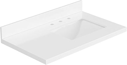 ARIEL 37 inch Bathroom Vanity top with Sink, 1.5 Inch Thick Miter Edge White Quartz top, Right Offset Vanity top with Rectangle Porcelain Sink, Includes Backsplash