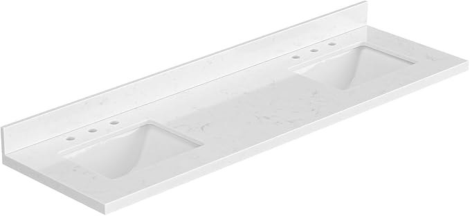 ARIEL 72 inch Double Bathroom Vanity top with Sink, 1.5 Inch Thick Miter Edge Carrara White Quartz top, Rectangle Double Sink Vanity top, Includes Backsplash