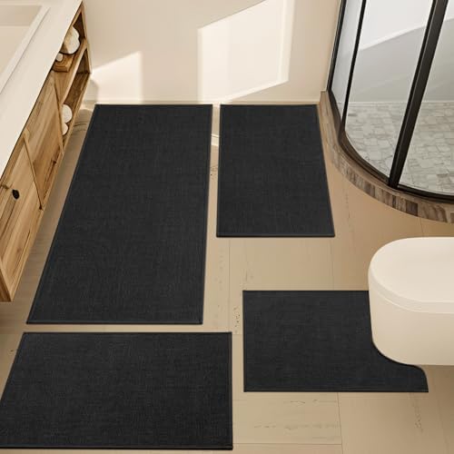 YIHOUSE Bathroom Rugs Thin Bath Mat Sets 4 Pieces Quick Dry,Black