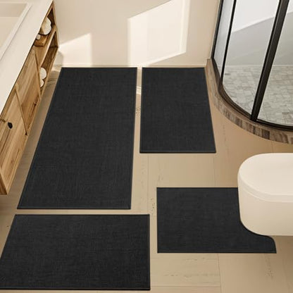 YIHOUSE Bathroom Rugs Thin Bath Mat Sets 4 Pieces Quick Dry,Black