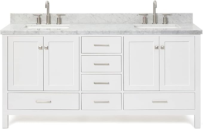 ARIEL Cambridge 72-inch Bathroom Vanity with Sink,Solid Wood, 1.5-inch Italian Carrara Marble Countertop, Double Rectangular Porcelain Sink, 4 Soft Closing Doors, 6 Dovetail Drawers, White