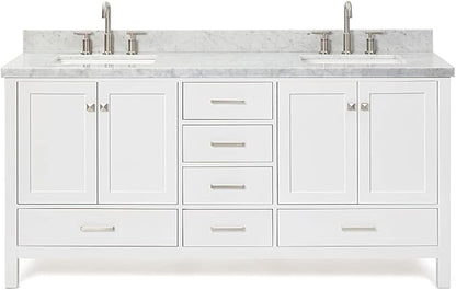 ARIEL Cambridge 72-inch Bathroom Vanity with Sink,Solid Wood, 1.5-inch Italian Carrara Marble Countertop, Double Rectangular Porcelain Sink, 4 Soft Closing Doors, 6 Dovetail Drawers, White