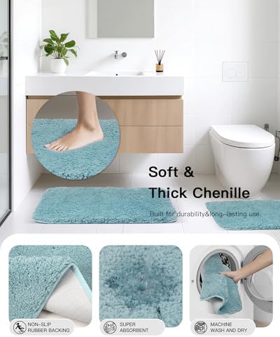 IMAVO Blue Bathroom Accessories,Non Slip Absorbent Bathroom Rugs and Waterproof Shower Curtain with Hooks,Complete Bathroom Set for Bathroom Décor