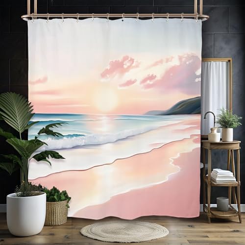 Miyotaa Pink Coastal Beach Shower Curtain Set 60Wx71H Inches Ocean Summer Landscape Scenery Waves Sunset Waterproof Bathroom Curtain with 12 Hooks